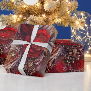 Elegant Red Floral Golden Feathers Beaded Wrapping Paper