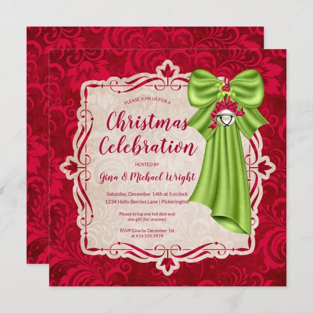 Elegant Red Floral & Green Bow Christmas Party Invitation (Front/Back)