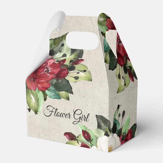 Elegant Red Floral Grunge Wedding Flower Girl Favour Box (Front Side)