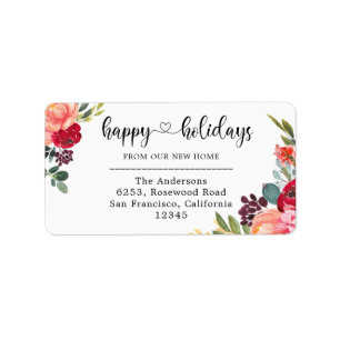 Elegant Red Floral Happy Holidays from New Home Label