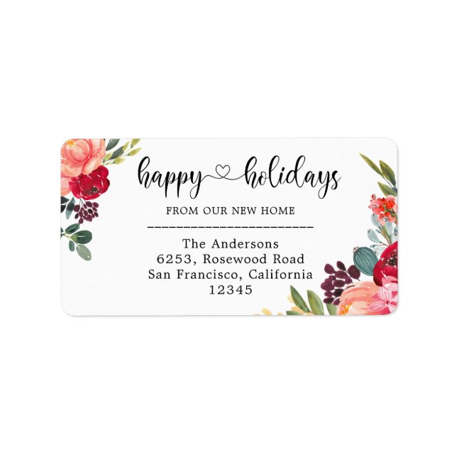 Elegant Red Floral Happy Holidays from New Home Label (Front)
