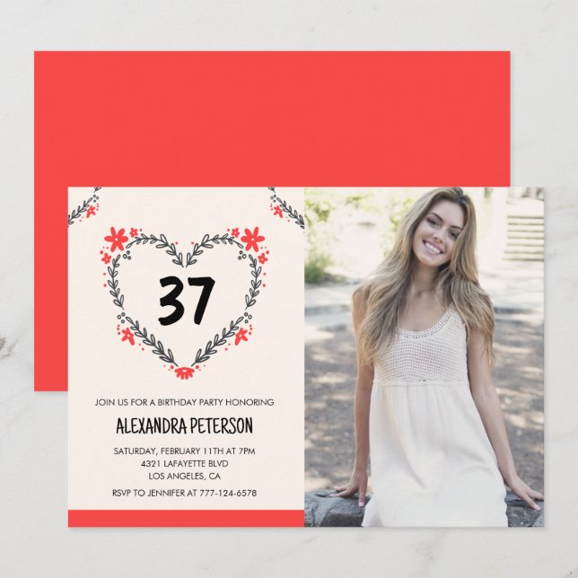 Elegant Red Floral Heart for her 37th birthday Invitation (Front/Back)