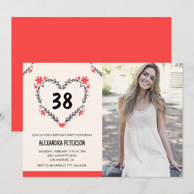 Elegant Red Floral Heart for her 38th birthday Invitation (Front/Back)