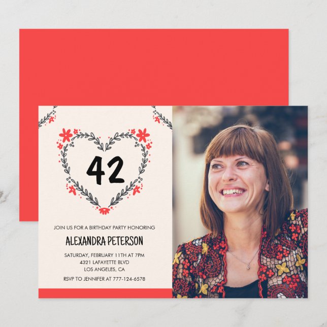 Elegant Red Floral Heart for her 42nd birthday Invitation (Front/Back)
