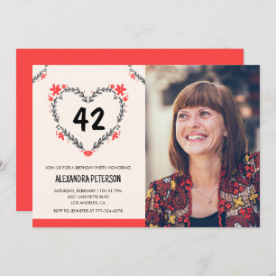 Elegant Red Floral Heart for her 42nd birthday Invitation