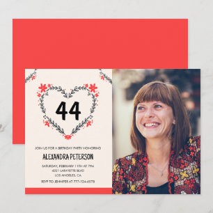 Elegant Red Floral Heart for her 44th birthday Invitation