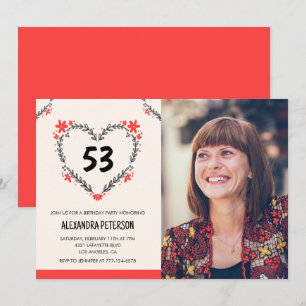 Elegant Red Floral Heart for her 53rd birthday Invitation