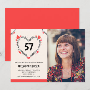 Elegant Red Floral Heart for her 57th birthday Invitation