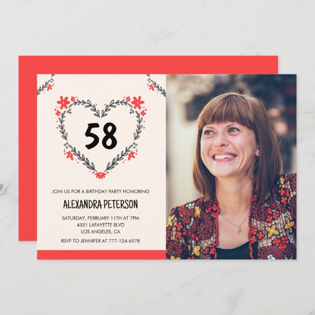 Elegant Red Floral Heart for her 58th birthday Invitation (Front/Back)