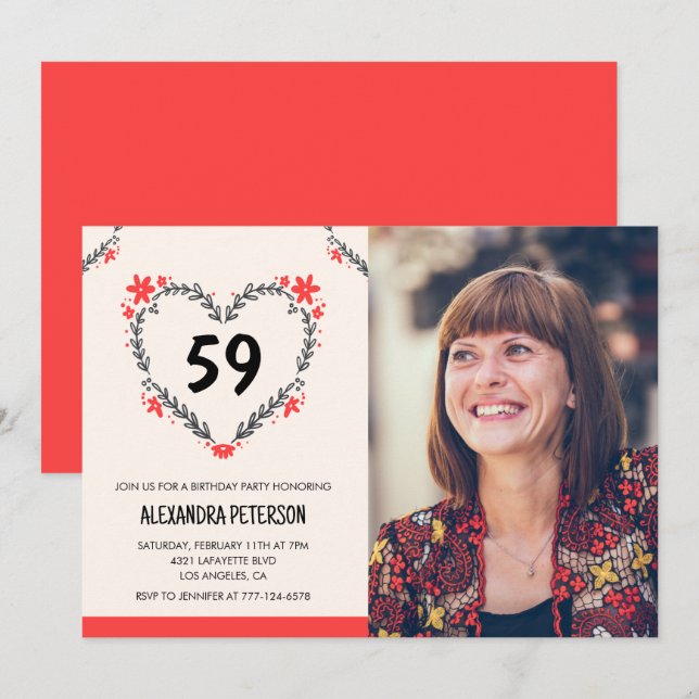 Elegant Red Floral Heart for her 59th birthday Invitation (Front/Back)