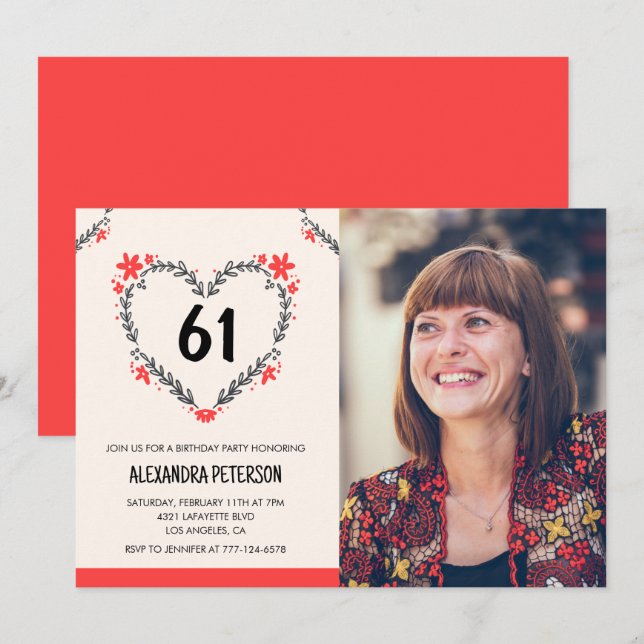 Elegant Red Floral Heart for her 61st birthday Invitation (Front/Back)