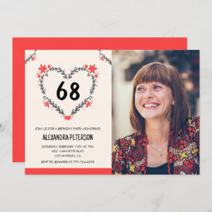 Elegant Red Floral Heart for her 68th birthday Invitation
