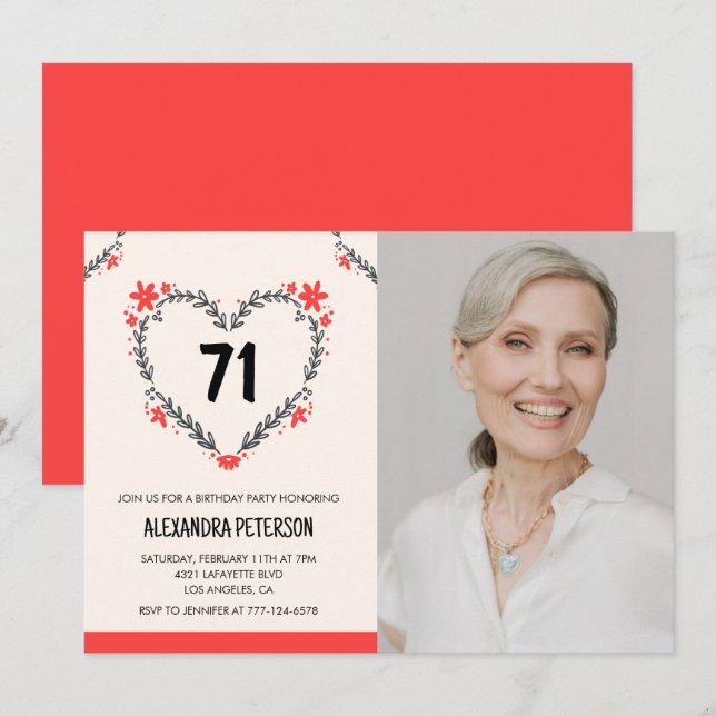 Elegant Red Floral Heart for her 71st birthday Invitation (Front/Back)