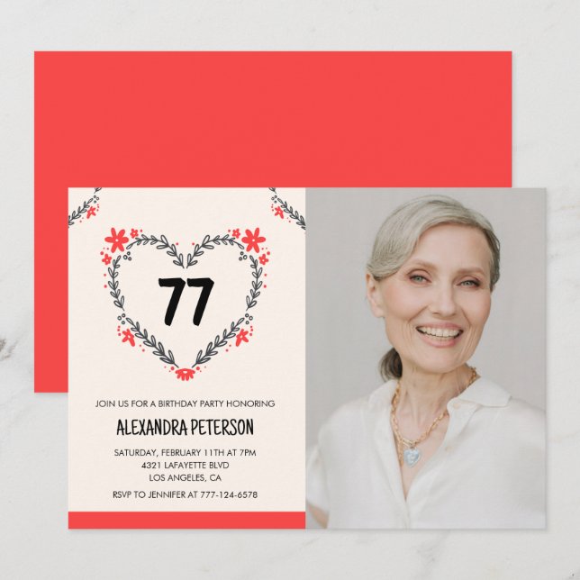 Elegant Red Floral Heart for her 77th birthday Invitation (Front/Back)