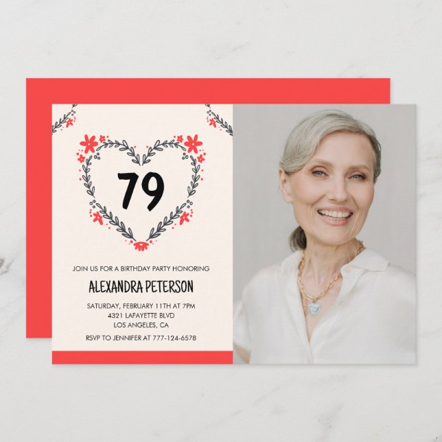 Elegant Red Floral Heart for her 79th birthday Invitation (Front/Back)