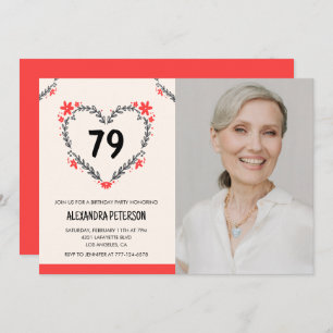 Elegant Red Floral Heart for her 79th birthday Invitation