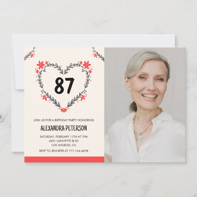 Elegant Red Floral Heart for her 87th birthday Invitation (Front)