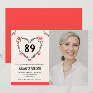 Elegant Red Floral Heart for her 89th birthday Invitation