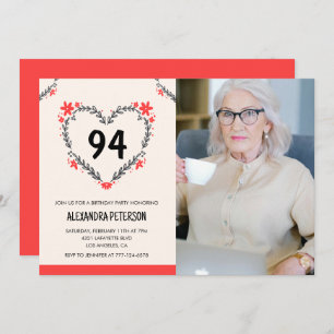Elegant Red Floral Heart for her 94th birthday Invitation