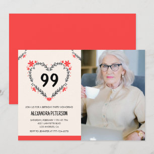Elegant Red Floral Heart for her 99th birthday Invitation