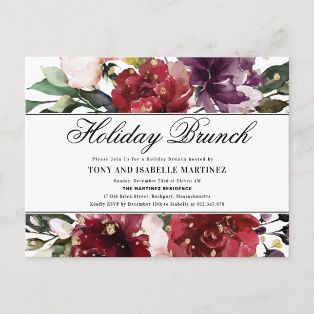 Elegant Red Floral Holiday Brunch Invitation Postcard (Front)