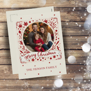 Elegant Red Floral Merry Christmas Family Photo Holiday Postcard