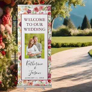 Elegant Red Floral Modern Photo Wedding Welcome Retractable Banner