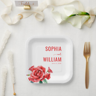 Elegant Red Floral Paper Plate