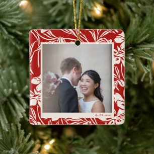 Elegant Red Floral Pattern Custom Photo Ceramic Ornament