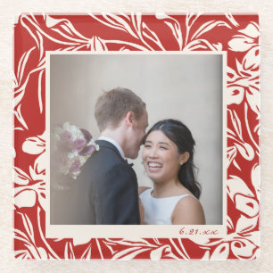 Elegant Red Floral Pattern Custom Photo Glass Coaster