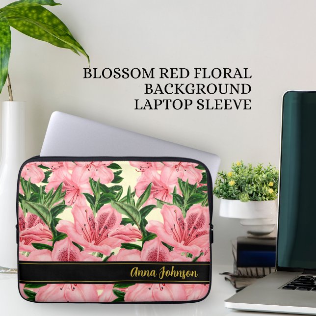 Elegant Red Floral Pattern Personalised Name Laptop Sleeve (Creator Uploaded)