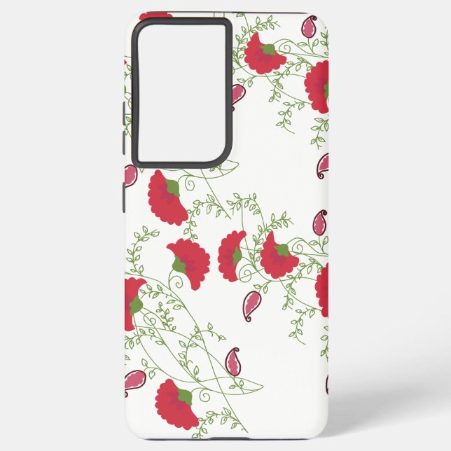 . Elegant Red Floral Pattern White Samsung Galaxy  S21+ Case (Back)