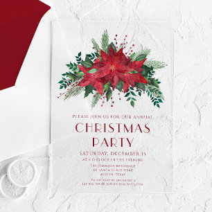 Elegant Red Floral Poinsettia Christmas Party Acrylic Invitations