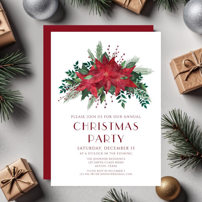 Elegant Red Floral Poinsettia Christmas Party Invitation (Elegant Red Floral Poinsettia Christmas Party Invitation)