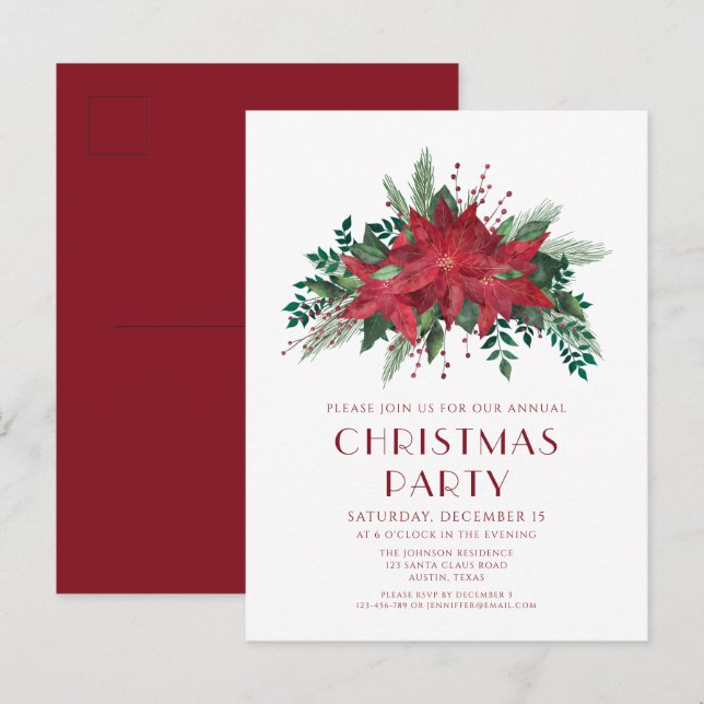 Elegant Red Floral Poinsettia Christmas Party Postcard (Front/Back)