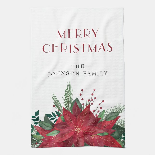Elegant Red Floral Poinsettia Christmas Tea Towel (Vertical)