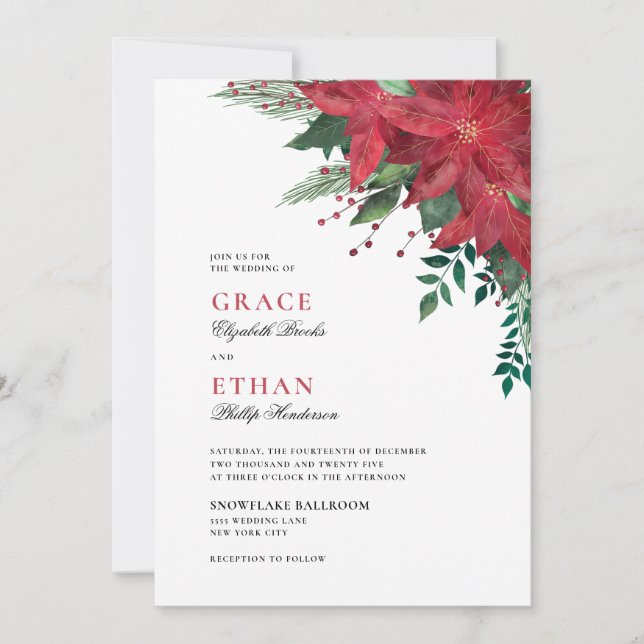 Elegant Red Floral Poinsettia Hoilday Wedding Invitation (Front)