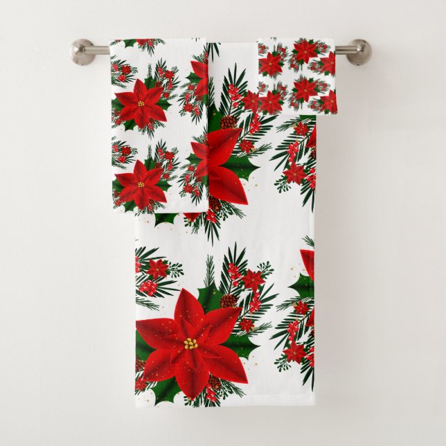 Elegant Red Floral Poinsettia Pine Greenery Leaves Bath Towel Set (Insitu)