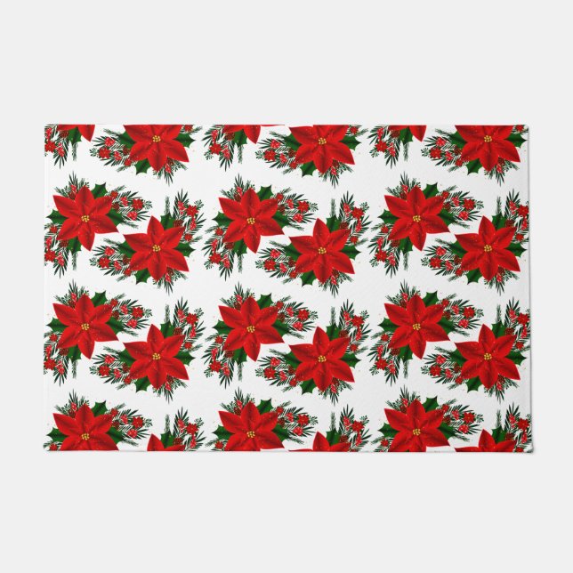 Elegant Red Floral Poinsettia Pine Greenery Leaves Doormat (Front)