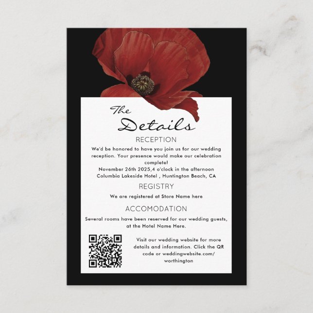 Elegant  Red Floral QR Code Wedding Guest Details Enclosure Card (Front)