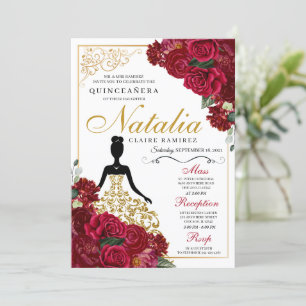 Elegant Red Floral Quinceanera Birthday Invitation