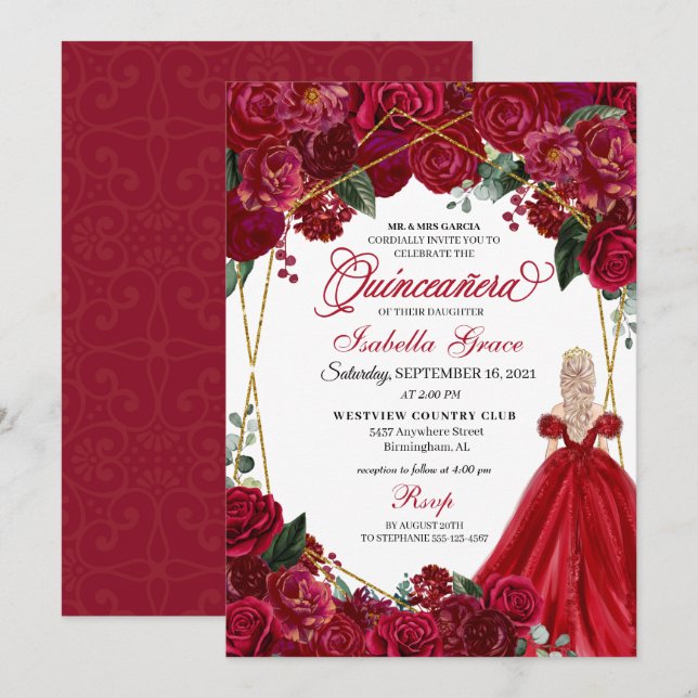 Elegant Red Floral Quinceanera Birthday Invitation (Front/Back)