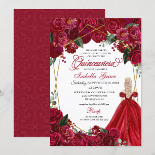 Elegant Red Floral Quinceanera Birthday Invitation