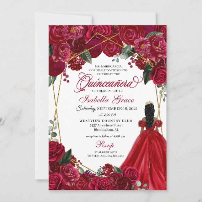 Elegant Red Floral Quinceanera Birthday Invitation (Front)