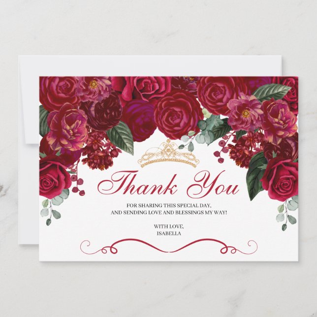 Elegant Red Floral Quinceanera Thank You (Front)