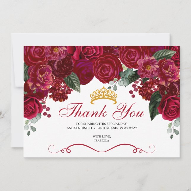 Elegant Red Floral Quinceanera Thank You (Front)