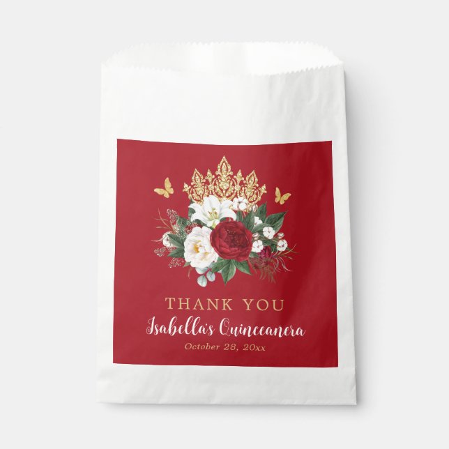 Elegant Red Floral Quinceañera Thank You Favour Bags (Front)