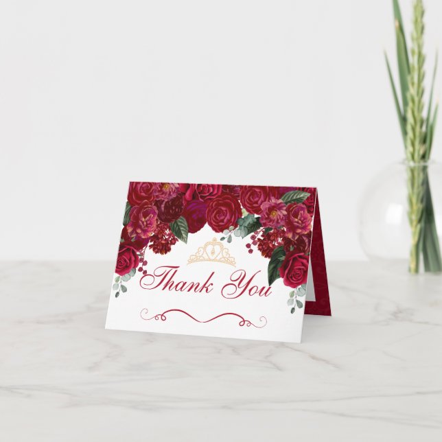Elegant Red Floral Quinceanera Thank You Invitation (Front)