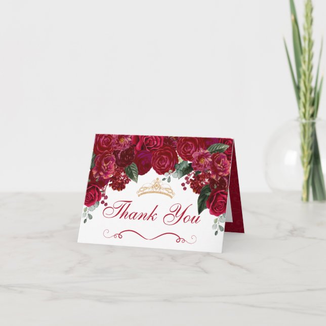 Elegant Red Floral Quinceanera Thank You Invitation (Front)