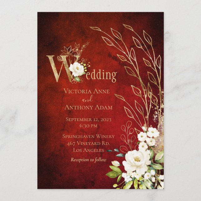 Elegant Red Floral Rustic Script Wedding Invitation (Front)
